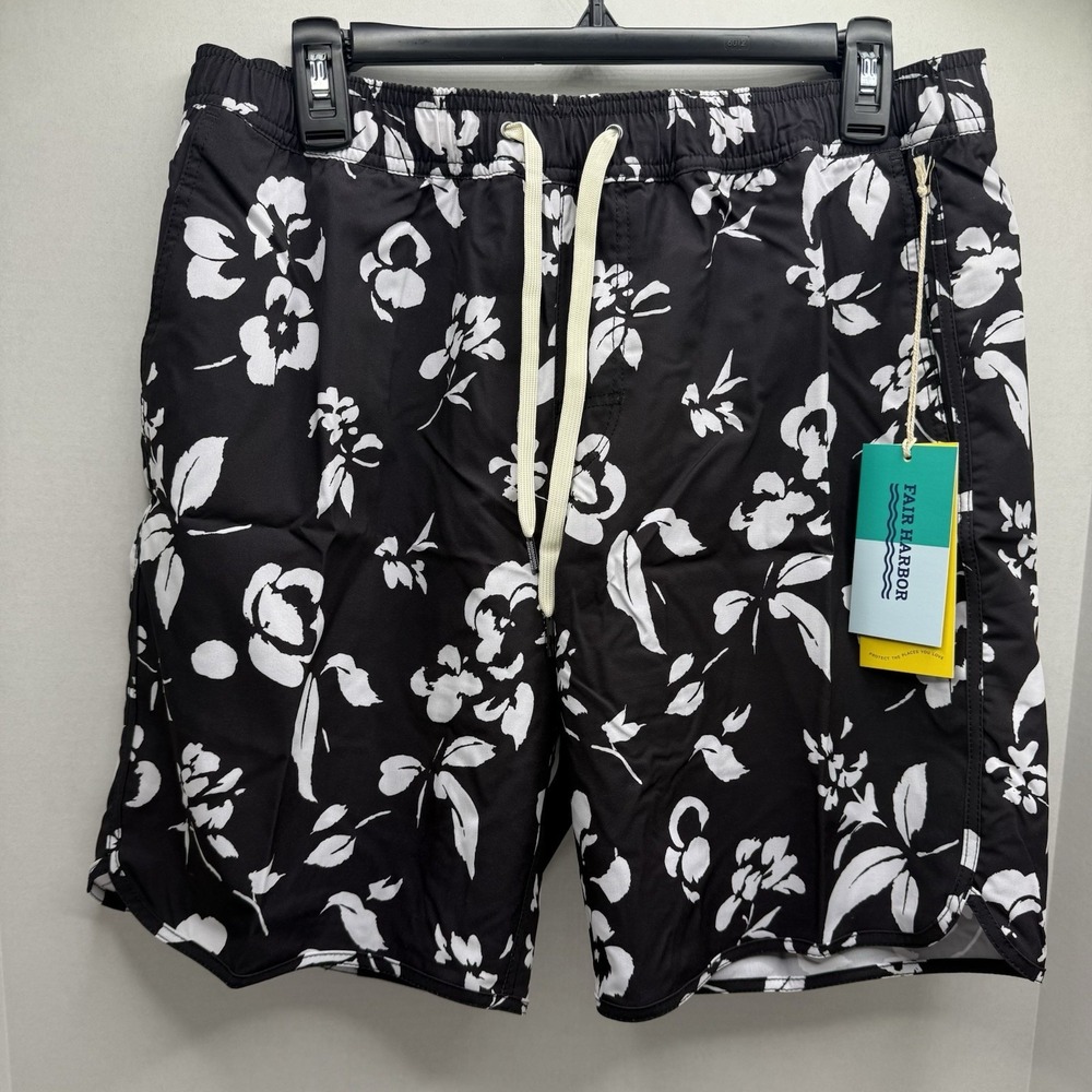 Fair Harbor Mastos Anchor Trunk Swim Shorts Black Floral Mens Medium NWT
